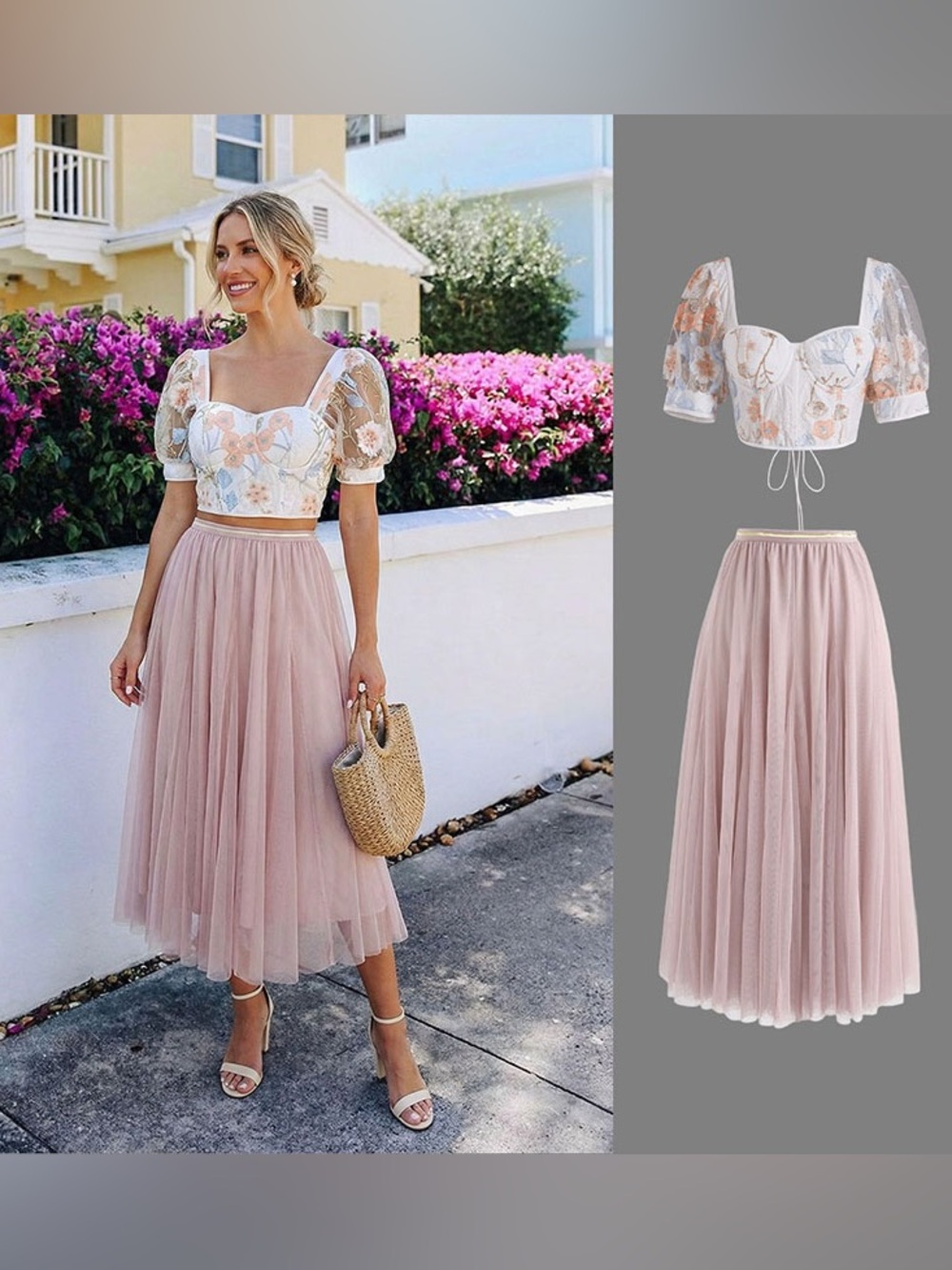 CHICWISH FLORAL EMBROIDERY MESH PUFF SLEEVE CORSET TOP & PINK TULLE SKIRT SET